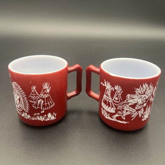 VTG Pair Of Hazel Atlas Western Childs Dark Red Milk Glass Mugs Native American - Picture 6 of 14